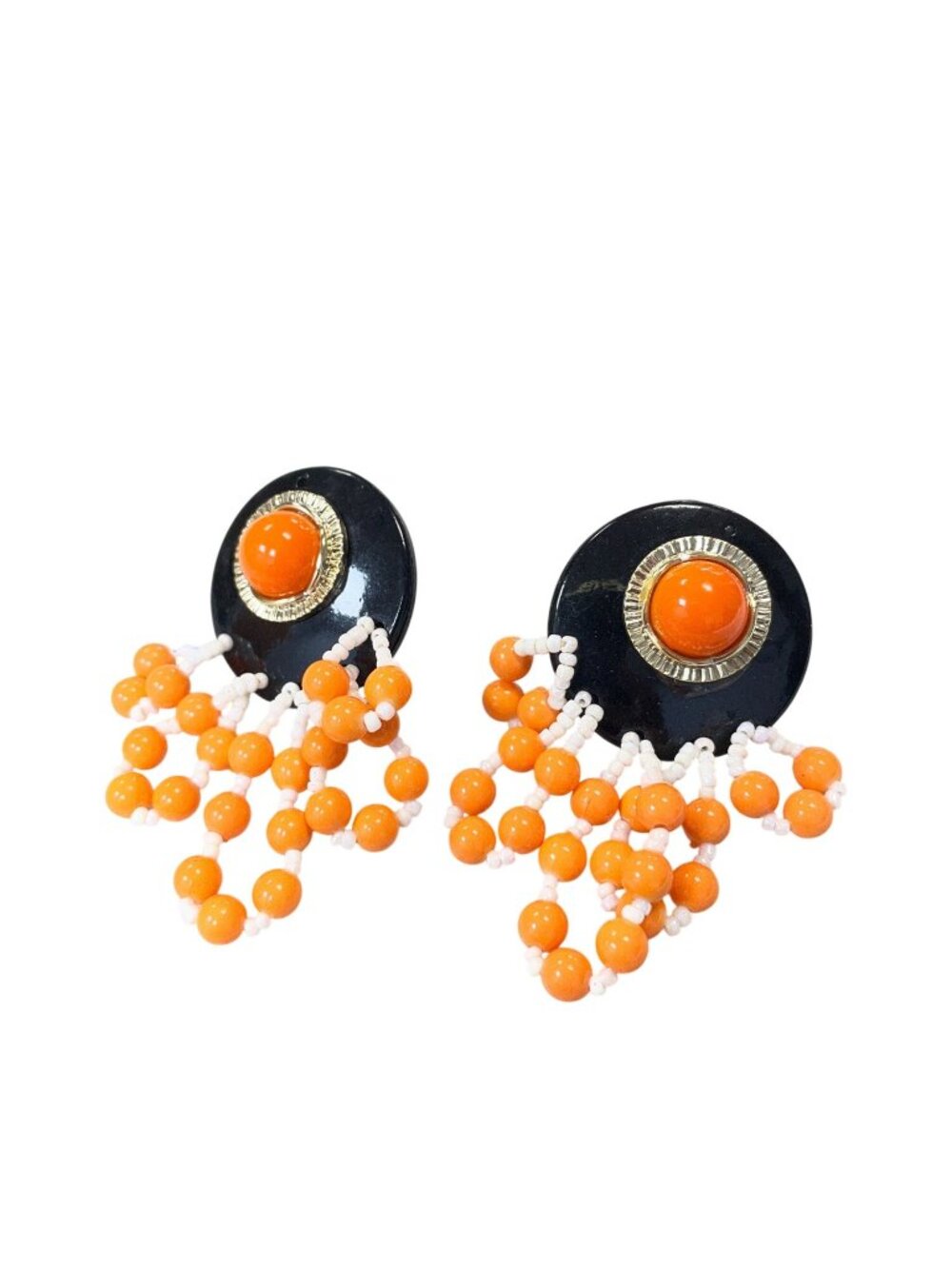 Vintage 80's wms orange black beaded fringe large clip on earrings SKU 10-727